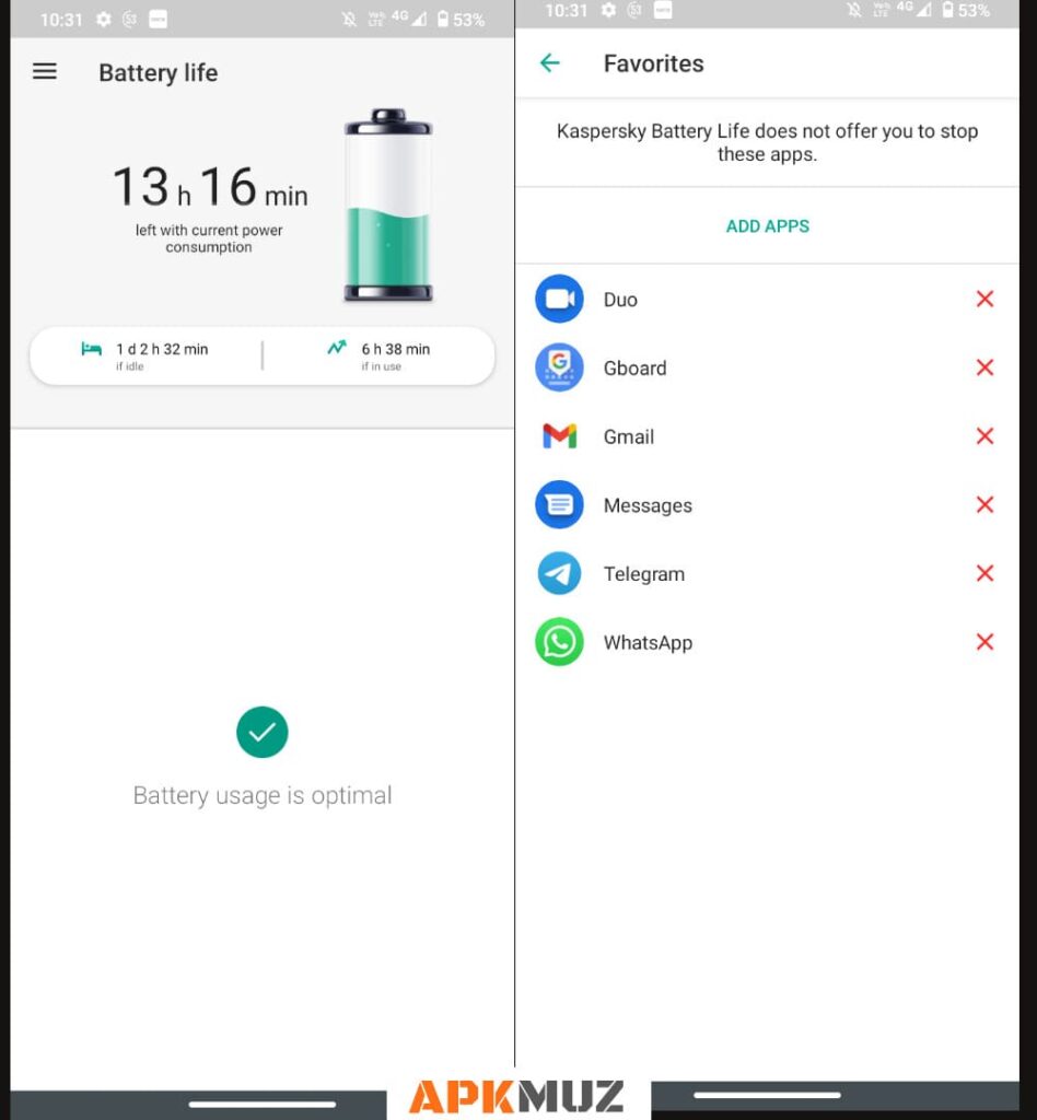 Kaspersky Battery Saver app screens
