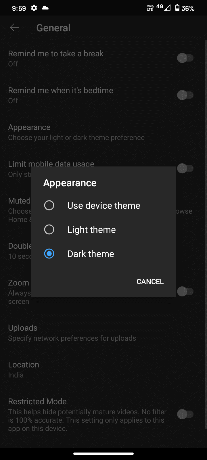 Enable Dark mode on YouTube App