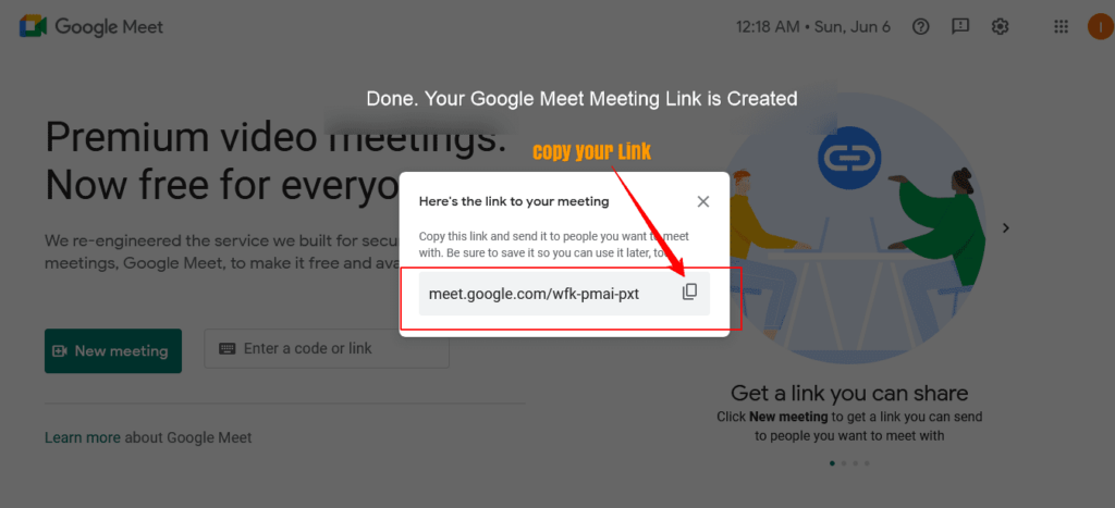 create meeting link on google meet