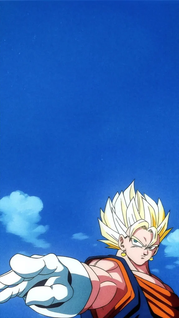 Super Saiyan Goku extending his hand forward, wearing an orange and blue outfit, set against a bright blue sky with scattered clouds – iconic Dragon Ball Z anime character.