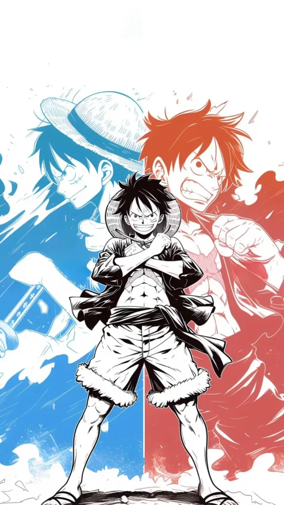 Illustration of Luffy in the center with arms crossed, with dynamic blue and red versions of him in the background.