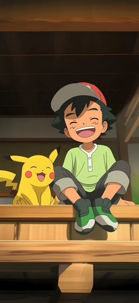 Ash and Pikachu sitting on a wooden platform, smiling and laughing together in a cozy animated scene.